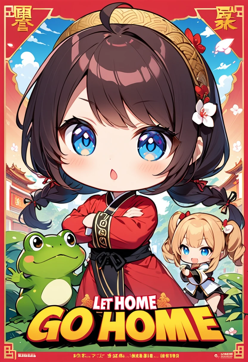 Highest quality、High resolution、Detailed Background、Beautiful face in every detail、Anatomically correct、Detailed facial expressions、fine grain、((One Girl:1.2)、((Chibi Girl:1.2)))、Cute hair color、Big beautiful blue eyes、Fuller lips、Pink Lips、Braided twin tails、Ahoge、(Movie poster featuring a kung fu girl and a giant frog:1.2)、(The movie title is"Go home with flogs"、"Let's go home with the frog"Character)、(The background is Jupiter、full moon:1.2、space shuttle)