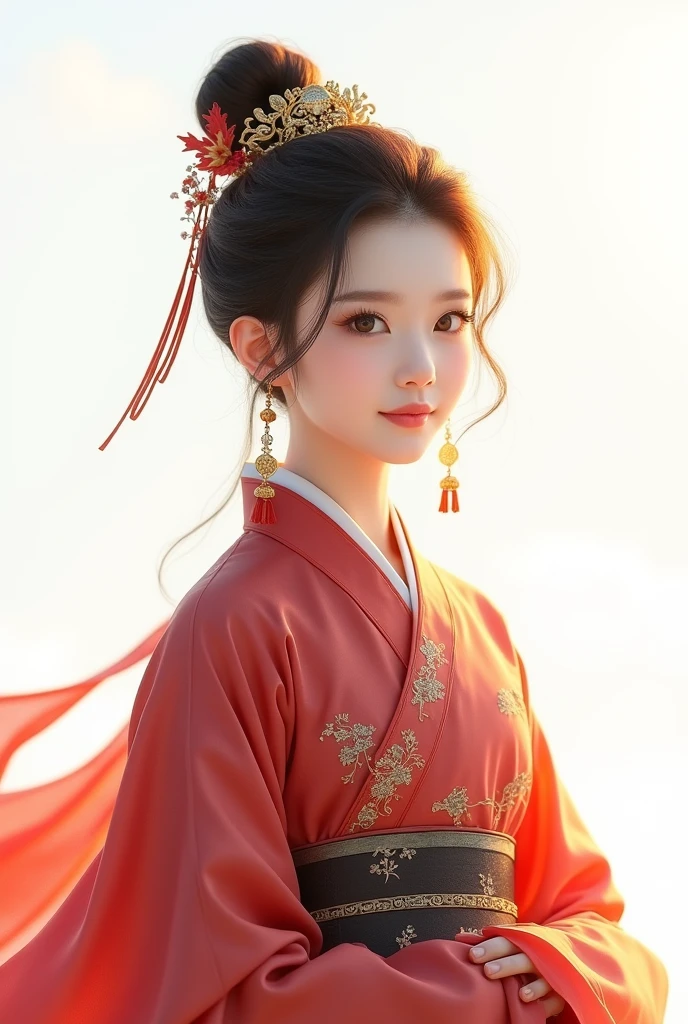 A girl, ancient Chinese costume, whole body, sunshine, clear face, clean white background, masterpiece, super detail, epic composition, ultra HD, high quality, extremely detailed, official art, uniform 8k wallpaper, super detail, 32k