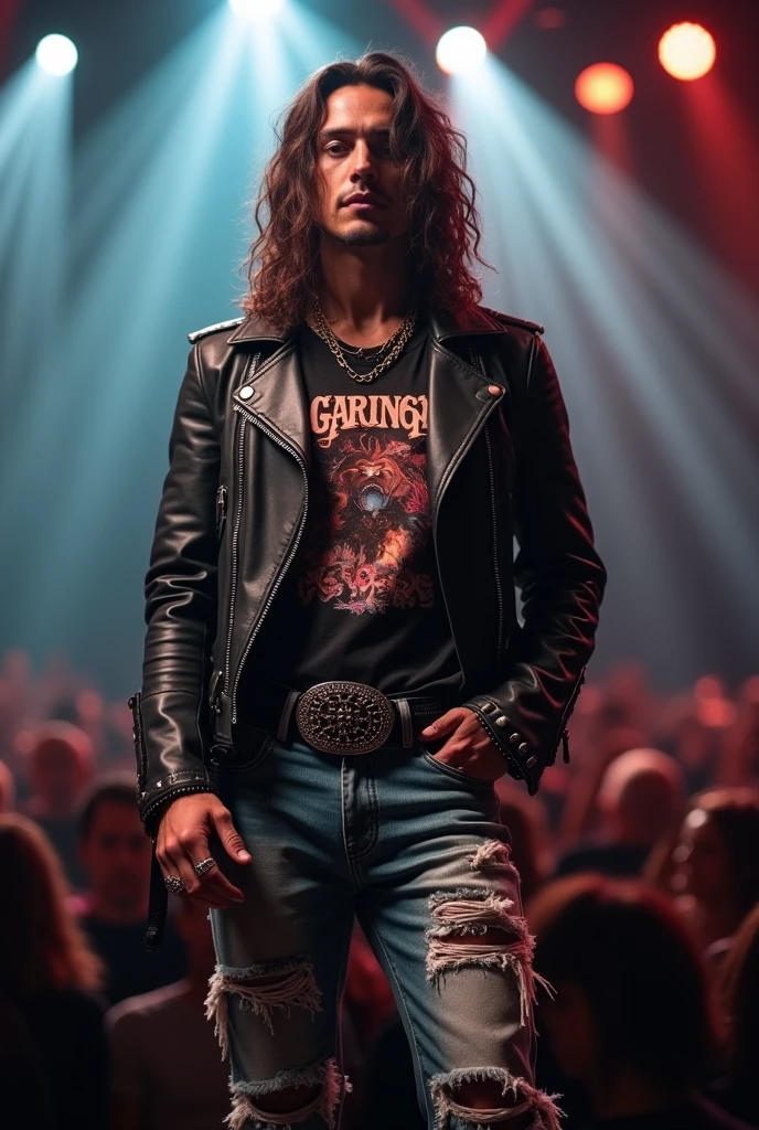 ((Masterpiece)), ((Best Quality)), (Very Detailed), ((Very Detailed)), 4K, (8K), very aesthetic, absurdres highres, 1 man, A man wearing a leather jacket and a band T-shirt is in the spotlight on a live stage. Wearing distressed jeans and a studded belt, her chain necklace and ring shine. In the background, the concert hall audience and stage lights can be seen.