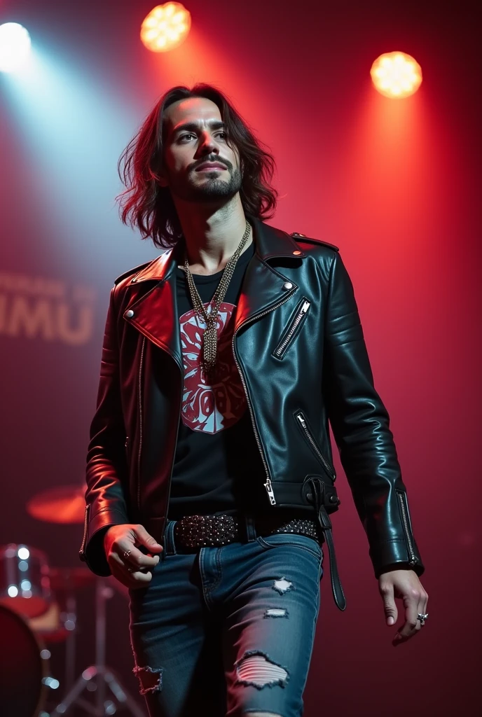 ((Masterpiece)), ((Best Quality)), (Very Detailed), ((Very Detailed)), 4K, (8K), very aesthetic, absurdres highres, 1 man, A man wearing a leather jacket and a band T-shirt is in the spotlight on a live stage. Wearing distressed jeans and a studded belt, her chain necklace and ring shine. In the background, the concert hall audience and stage lights can be seen.