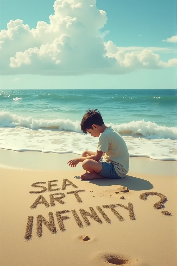 a boy sitting,beach,writing text "SEA ART INFINITY ?",on beach with sand