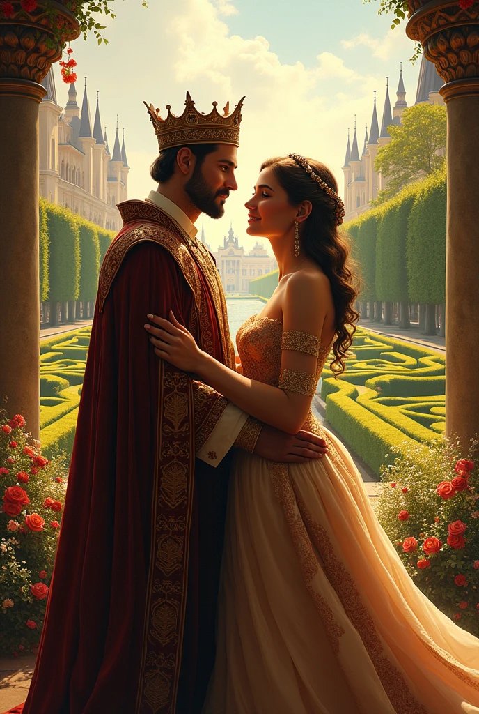 Create an image of the king and his wife in a luxurious setting, admiring the garden