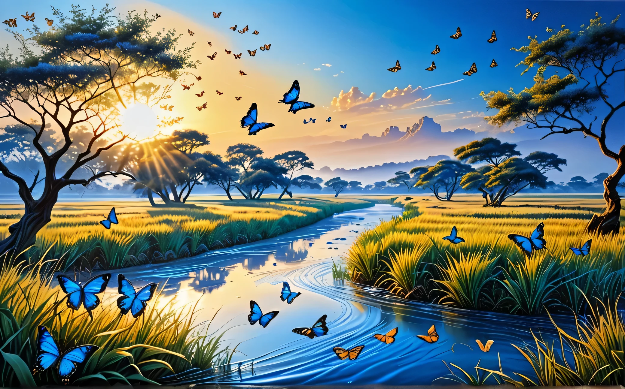 Beautiful hyper-realistic and super detailed masterpiece, which shows a mysterious river, several butterflies flying in blue color, like a tree on the right like the branches over the view, grass field on the left, with the sunset sun, negative human construction human image