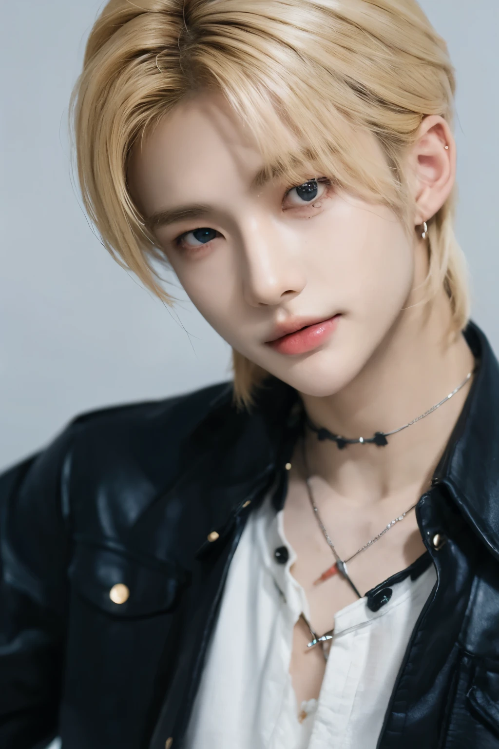 ((highest quality, 8K, masterpiece: 1.3)), Tokyo City、Handsome boy in street fashion:1.5, 20-year-old、Delinquent boy、 well-groomed face, blonde hair color、thin face、（white skin:1.5）、whole body、black eyes、boy with makeup、Super handsome、sexy eyes、Extra-fine face, handsome nose, small eyes and face, beautiful lighting, High resolution, detailed mouth, smile, perfect body shape、medium hair、silveraccessories、fulhair、silveraccessories、middle body shot