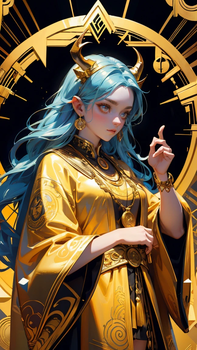 Create a detailed and vibrant scene featuring a powerful, mystical figure surrounded by golden cryptocurrency symbols in an ornate, ceremonial design. Replace the original character, a shaman with horns, a beard, and multiple eyes, with a beautiful, cute girl who still embodies the mystical and regal essence. The girl should be dressed in elaborate golden robes, adorned with jewelry, and holding out her hands in the same gesture, as if commanding the cryptocurrency symbols around her. Retain the intricate circular background design, the floating symbols, and the overall color scheme to maintain the divine and authoritative atmosphere of the image