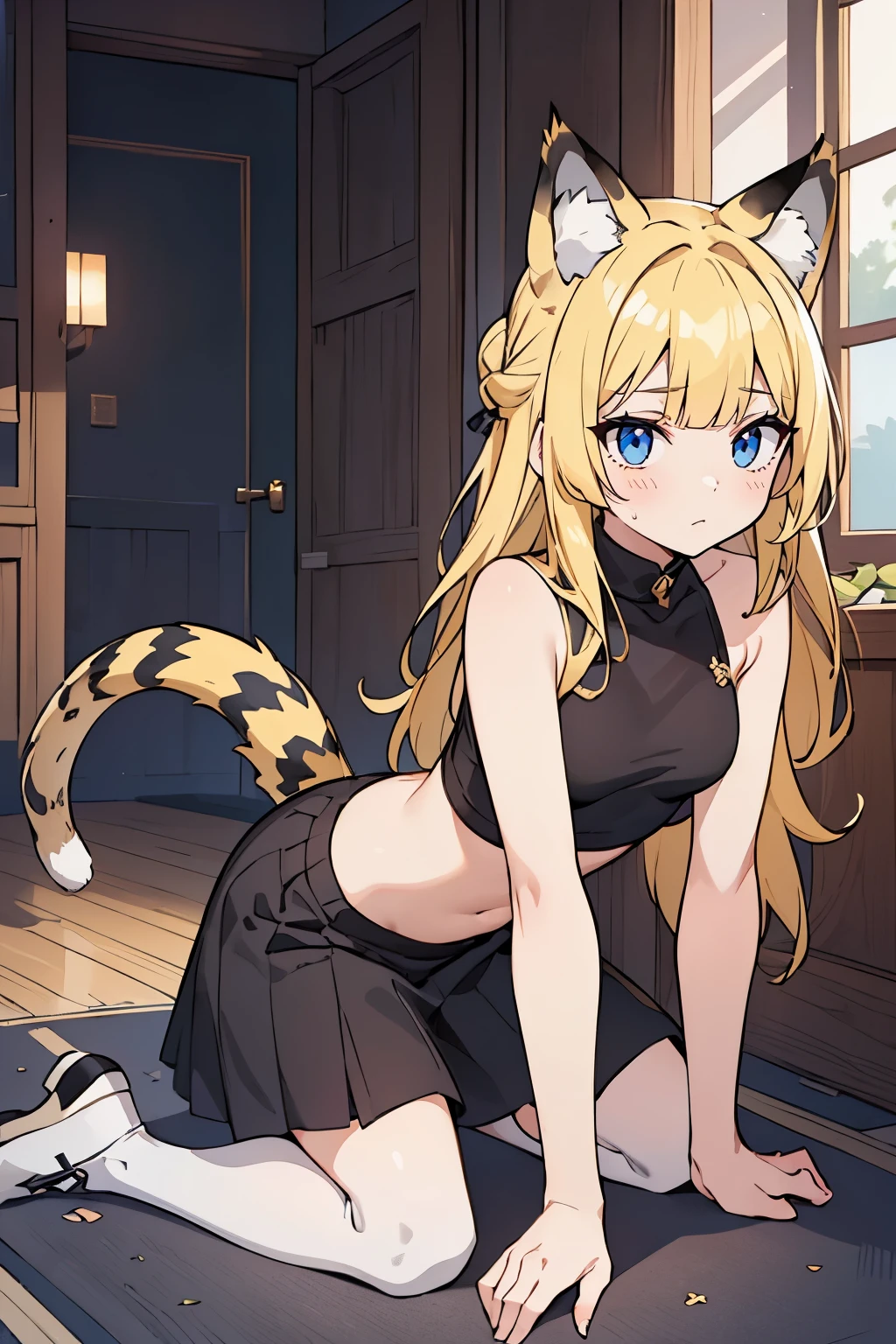 1 girl, female figure, (medium small breasts), (young female body: 1.4), fairy_tail_style, light blue eyes, golden sunny blonde hair, wavy sunny yellow hair, hair bun, hime cut, blunt bangs, black snow leopard animal ears, fluffy tail, black animal ears, black and white long tail, tights, long big lynx tail, black animal tail, black and white big cat ears, hallway background, black skirt, crop top, white tail with black spots, sitting on ground, kneeling, white cat tail, white shoes