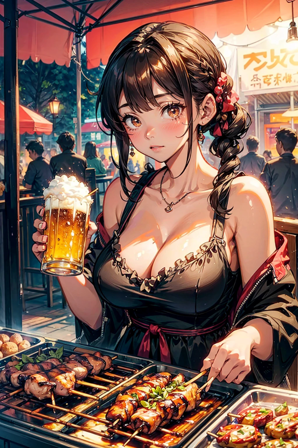 1girl,solo,cute,big breast,cleavage,dress,drinking a beer,grilled chicken skewers,barbecue,at outdoor