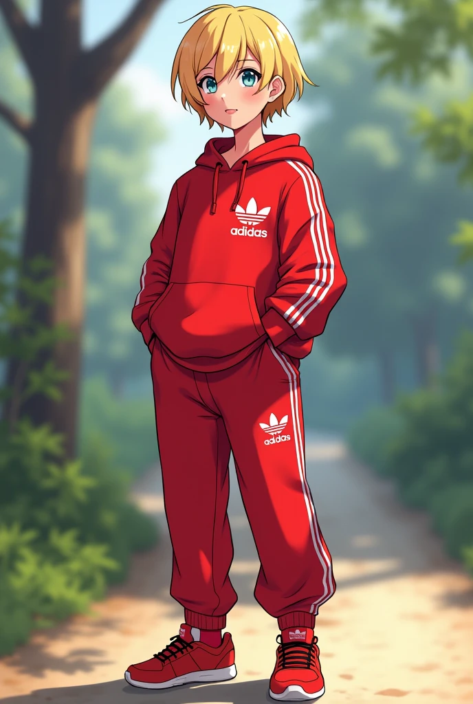 Red pants adidas, red shirt, red shoes, blonde hair, uwu face in real life