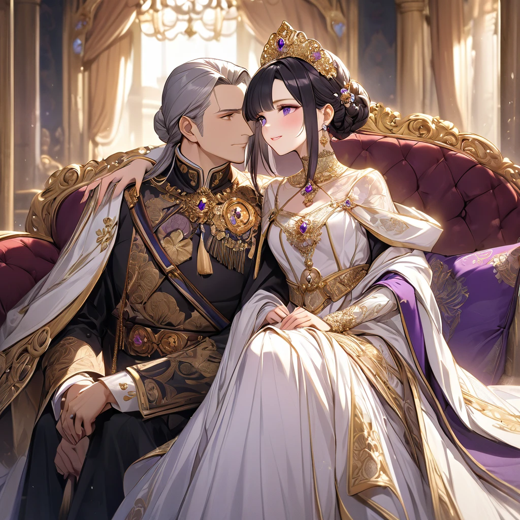 ((Highest quality)), ((masterpiece)), (detailed), (Perfect Face)、The woman is Shinobu Kocho, a Russian with black hair with purple gradient ends, tied in a bob hairstyle, an elegant, graceful and beautiful Russian noblewoman, and the Empress of the Great Russian Empire.、The woman is beautifully dressed in the gorgeous and glittering gold-colored ancient Russian court dress of an ancient Russian empress, accessorized with luxurious accessories and kokoshniks.、The woman is standing next to a great and dignified old Russian emperor.、A woman is sitting on a luxurious sofa in a palace hugging and kissing a great old Russian emperor, looking happy and in love、The woman loves the emperor with all her heart.