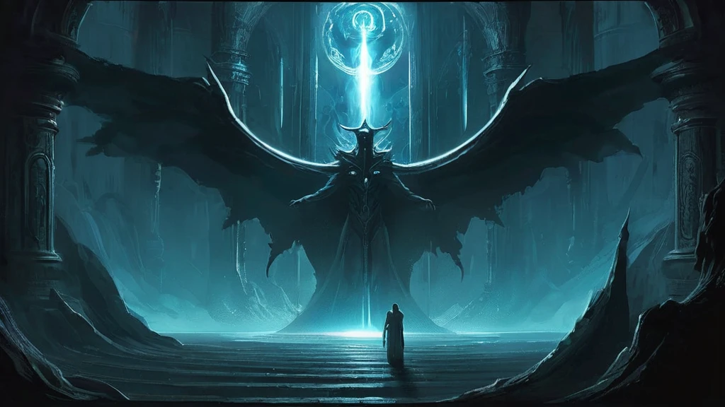  ancient temple buried deep within the mountains of Edenfell, Althar, the enigmatic Guardian of the Night, stands shrouded in darkness. Althar’s form is a shifting, almost intangible silhouette, blending seamlessly with the night. His body is cloaked in deep, velvety shadows that seem to ripple and twist with an otherworldly fluidity, making his exact shape difficult to discern.

The temple around him is filled with oppressive gloom, the only light coming from the faint, flickering flames of torches that cast long, eerie shadows across the stone walls. Althar’s eyes, glowing with a cold, pale light, are the only distinct feature visible, piercing through the darkness with an unsettling intensity. His presence creates a subtle distortion in the air, as if the night itself is alive and responding to his will.

The atmosphere is thick with a sense of ancient, mystical power, and the walls of the temple are adorned with cryptic runes and symbols that pulse faintly with a dark energy. Althar’s voice is a whispering echo, resonating through the darkness, and his form remains a mysterious, elusive entity, embodying the very essence of the night and its hidden secrets."

