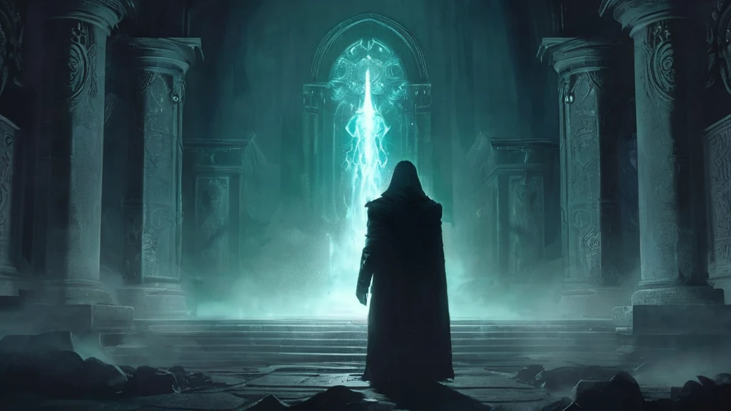 ancient temple buried deep within the mountains of Edenfell, Althar, the enigmatic Guardian of the Night, stands shrouded in darkness. Althar’s form is a shifting, almost intangible silhouette, blending seamlessly with the night. His body is cloaked in deep, velvety shadows that seem to ripple and twist with an otherworldly fluidity, making his exact shape difficult to discern.
The temple around him is filled with oppressive gloom, the only light coming from the faint, flickering flames of torches that cast long, eerie shadows across the stone walls. Althar’s eyes, glowing with a cold, pale light, are the only distinct feature visible, piercing through the darkness with an unsettling intensity. His presence creates a subtle distortion in the air, as if the night itself is alive and responding to his will.
The atmosphere is thick with a sense of ancient, mystical power, and the walls of the temple are adorned with cryptic runes and symbols that pulse faintly with a dark energy. Althar’s voice is a whispering echo, resonating through the darkness, and his form remains a mysterious, elusive entity, embodying the very essence of the night and its hidden secrets."