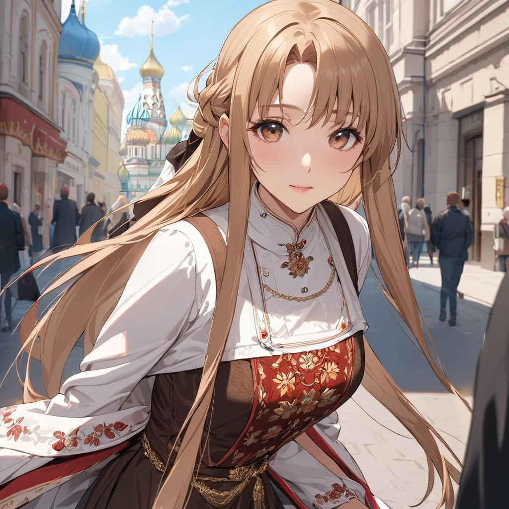 ((Highest quality)), ((masterpiece)), (detailed), (Perfect Face)、The woman is Yuuki Asuna, a Russian with light brown, semi-long hair.、In the streets of Russia, women are beautifully dressed in everyday Russian clothing and luxurious accessories.