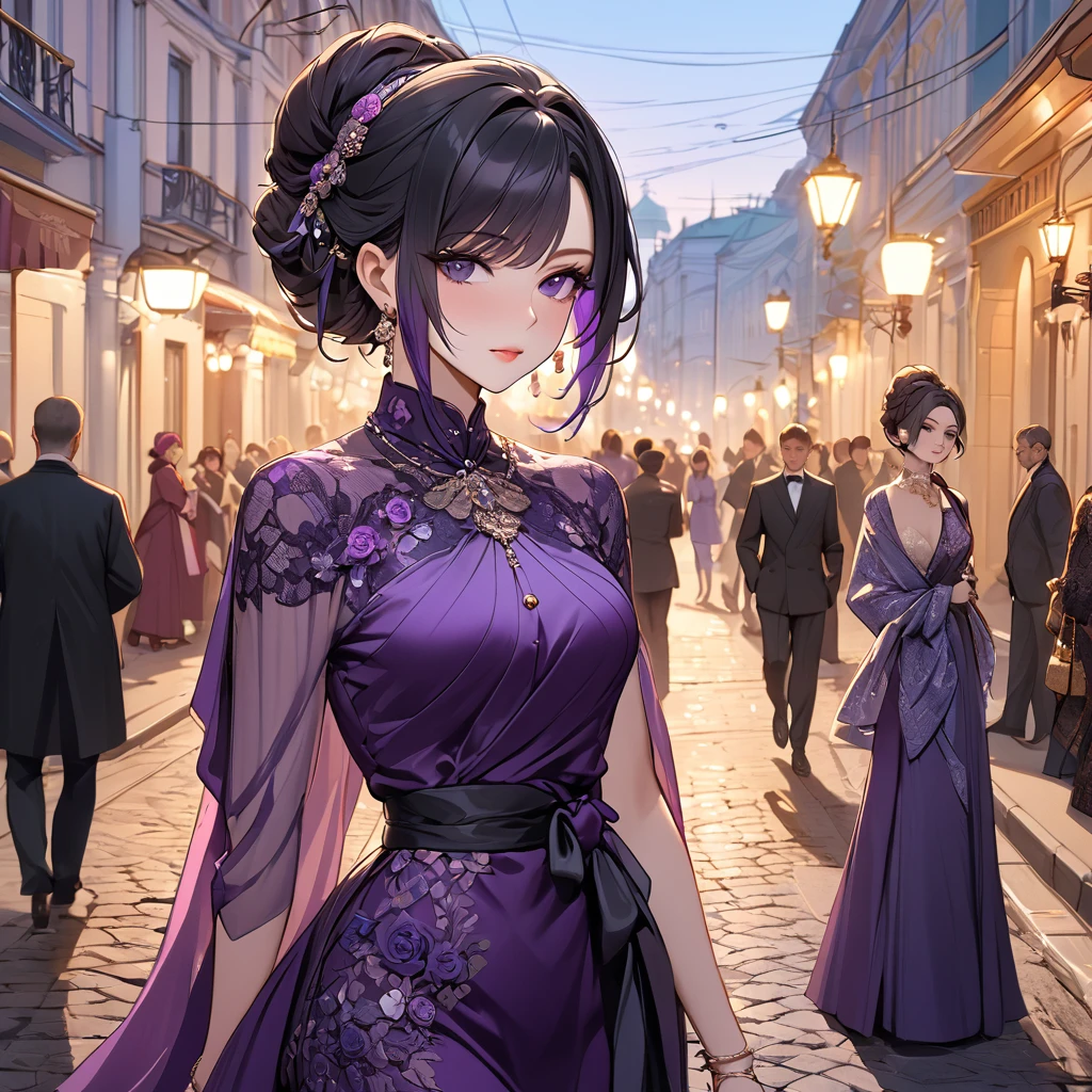 ((Highest quality)), ((masterpiece)), (detailed), (Perfect Face)、The woman is Shinobu Kocho, a Russian with black hair in a purple gradient bob style, tied up in a formal evening hairstyle.、In the streets of Russia, women are beautifully dressed in everyday Russian clothing and luxurious accessories.