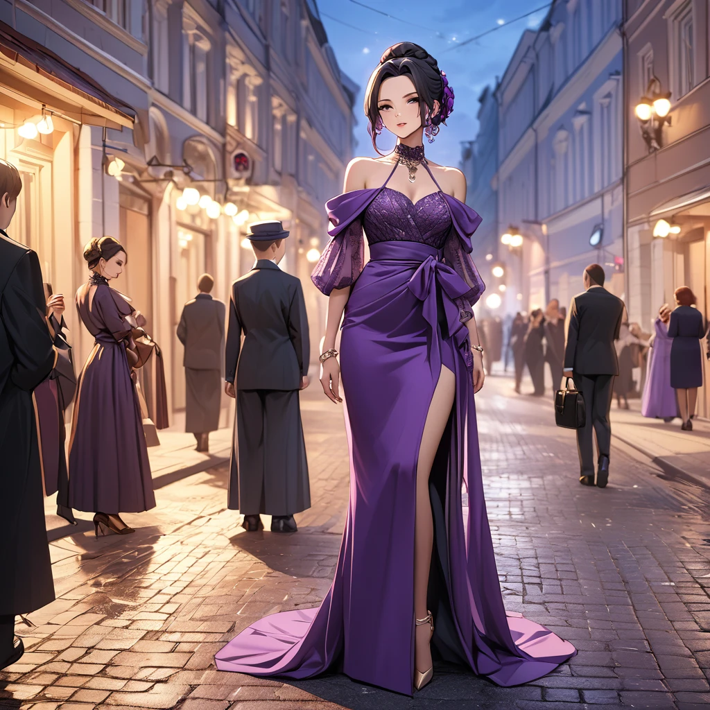 ((Highest quality)), ((masterpiece)), (detailed), (Perfect Face)、The woman is Shinobu Kocho, a Russian with black hair in a purple gradient bob style, tied up in a formal evening hairstyle.、In the streets of Russia, women are beautifully dressed in everyday Russian clothing and luxurious accessories.
