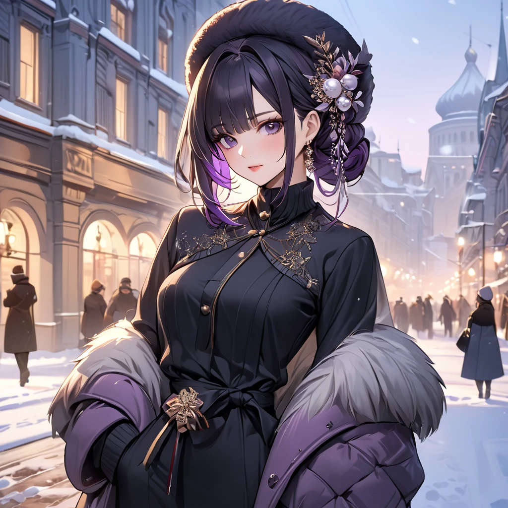 ((Highest quality)), ((masterpiece)), (detailed), （Perfect Face）、The woman is Shinobu Kocho, a Russian with black hair in a purple gradient bob style, tied up in a formal evening hairstyle.、In a Russian city in winter, a woman is beautifully dressed in everyday Russian winter clothes, a Russian hat, and luxurious accessories.