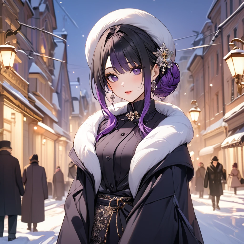 ((Highest quality)), ((masterpiece)), (detailed), （Perfect Face）、The woman is Shinobu Kocho, a Russian with black hair in a purple gradient bob style, tied up in a formal evening hairstyle.、In a Russian city in winter, a woman is beautifully dressed in everyday Russian winter clothes, a Russian hat, and luxurious accessories.