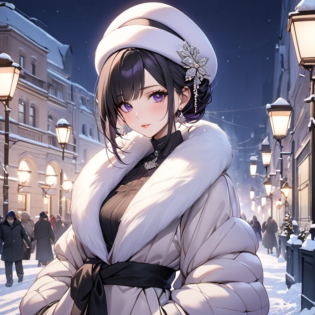 ((Highest quality)), ((masterpiece)), (detailed), (Perfect Face)、The woman is Shinobu Kocho, a Russian with black hair in a purple gradient bob style, tied up in a formal evening hairstyle.、In a Russian city in winter, a woman is beautifully dressed in everyday Russian winter clothes, a Russian hat, and luxurious accessories.