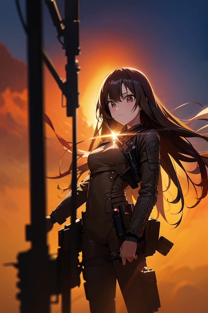 In the spotlight, holding_gun, assault_rifle, Very detailed, Brown Hair, Long Hair, Anime Style, whole body, alone, Stylish Gunfighter Girl, Holding a steampunk long barrel pistol,Standing in the wasteland, 8K high resolution, White Background, The background is a dark and desolate landscape, Horror movie atmosphere. Her figure is very beautiful, Emphasizing the dark and crazy elements. Skillfully expressing the effects of light and shadow, Anime girls with guns and rifles, from Girls' Frontline, mechanized soldier girl, Girls' Frontline style