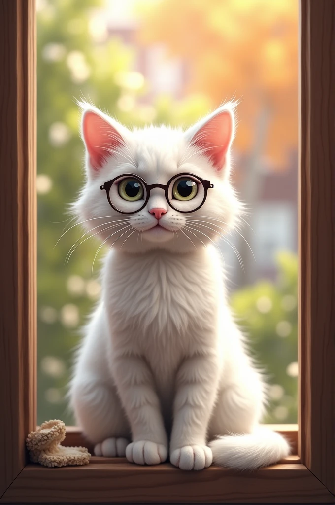 White cat in the window with glasses ss