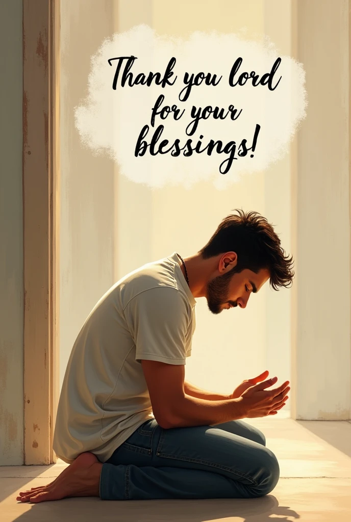 Young man aged 35 to 40, latino, Colombian, white on his knees thanking the Glory is of God with a text message in Spanish "Thank you Lord for your blessings"