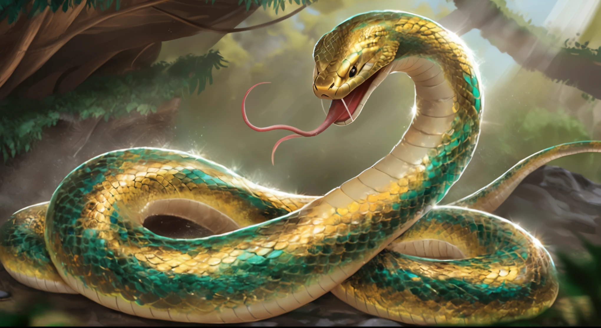 there is a cobra that is curled up and eating a worm, cobra art, serpente, cobra, criatura verde dourada, Retrato de uma serpente sagradae, serpente body, golden cobras, highly detailed cobras, coiled realistic serpentes, arte de fundo, pintura digital altamente detalhada, big cobra, green cobras background, giant cobra, cobra body, pintura digital altamente detalhada