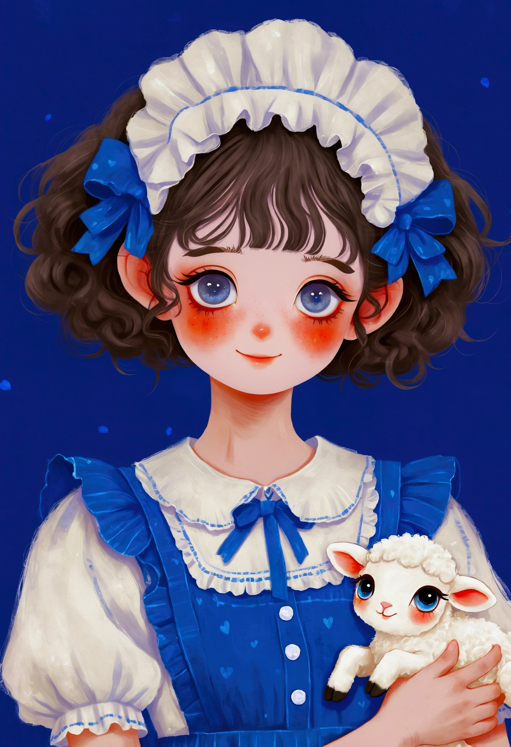 Cute lamb girl in blue dress，Big blue eyes。bangs，Fine and fluffy hair，Lovely art style,  Lovely and detailed digital art, cute numbersArt, Lovely artwork, Kawaii realistic portrait, Change, Cute numbers, Lovely portrait, Kasuga, Lovely characters, Cute, colorful and adorable，Maid costume