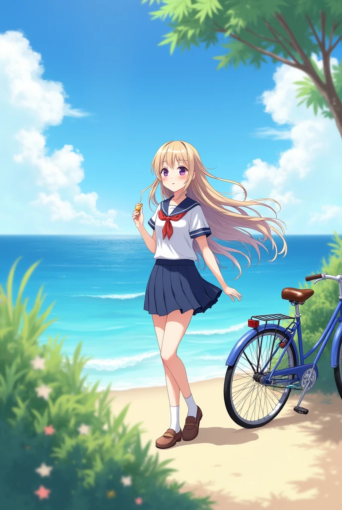 Sailor suit　summer　Long Hair　clear　By the Sea　bicycle　ice　girl　High school girls　cute　160cm 