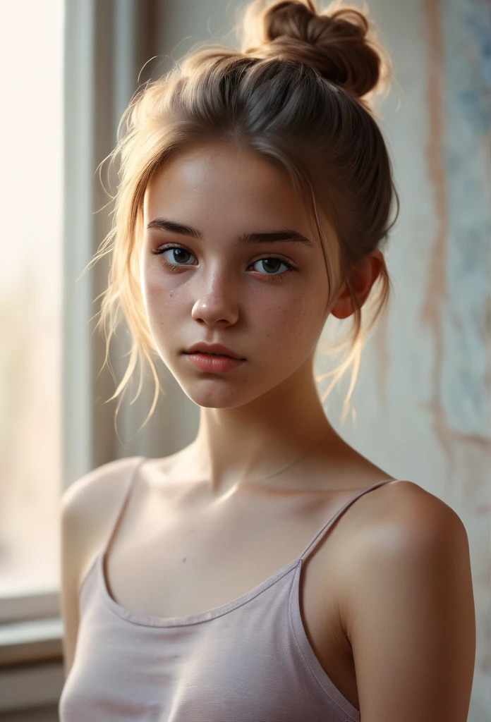 (Cinematic photo: 1.3) From (really: 1.3), (comfortable: 1.3) Beautiful 18 year old girl, (difficult messy bun of light brown hair), высокодеталFromированная текстура кожи, skinny shoulders, realistic texture кожи, looks straight into the camera, (looks at the viewer), pout, pastel, Shine, Dramatic, Dreamy, pastelный цветочный сад, Thin, skinny, gentle, Высокая деталFromация, difficult, digital painting, Fantasy theme,skinny , bare belly, Fantasy concept art , Fantasy Characters, Beautiful teenage girl, Perfect body, highly detailed full-length shot, Dreamy, pastel, watercolor, strange, gentle, highly detailed texture, realistic texture, digital painting, высокодеталFromированная фотография (art deco: 1.3), (ФотореалFromм: 1.3), (Классический реалFromм: 1.3), (Fujifilm Superia: 1.3), Natural, golden hour light