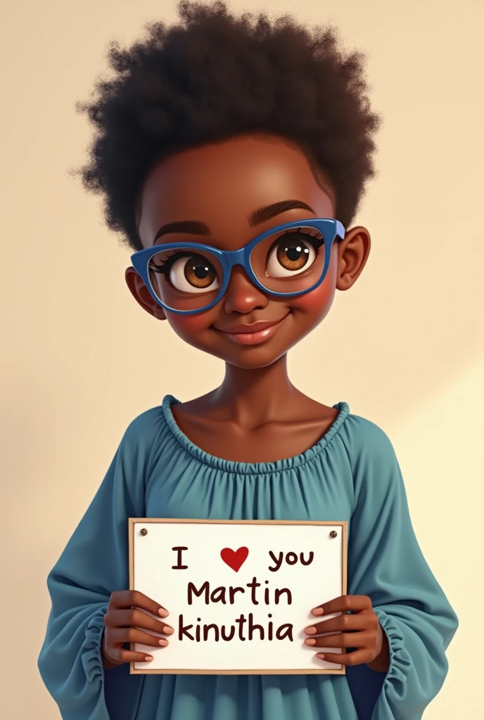 Beautifu blackl girl with short hair, wearing blue glasses bohemian dress, holding a white board with text "I Love you Martin kinuthia" and showing it to the viewer