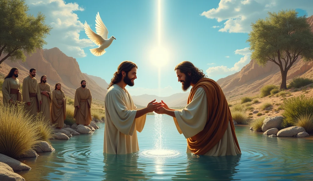 Create a realistic, detailed image of Jesus' baptism in the Jordan River. The scene should capture a natural environment, with the Jordan River gently flowing, surrounded by rustic vegetation, including trees and shrubs typical of the region. In the center of the image, Jesus, around 30 years old, with fair skin, long brown hair, and a beard, is in the river, up to his waist in water. He wears a simple white linen tunic. John the Baptist, a robust-looking man with shaggy dark hair and beard, and wearing a camel skin garment, stands next to Jesus, pouring water over Jesus' head with a solemn expression. Above, in the sky, a divine light shines brightly, and a white dove, representing the Holy Spirit, descends towards Jesus. In the background, some people observe the event with reverence. The sky is blue with few clouds, and the sunlight softly illuminates the entire scene, creating a sacred and serene atmosphere.