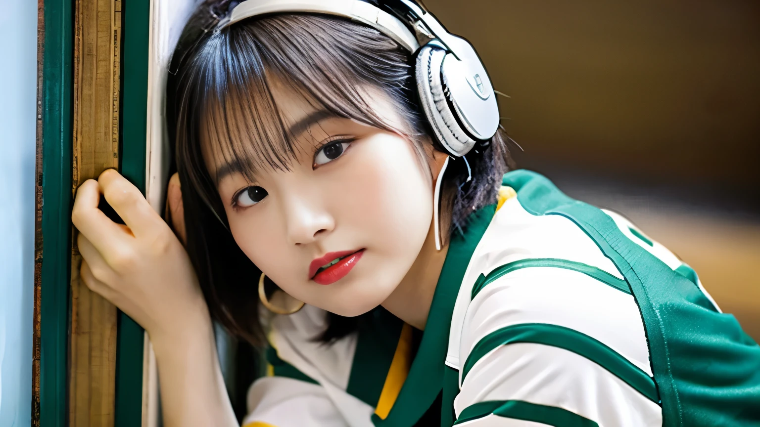 Beautiful Japanese Women, (), Cute Face, Red lips, White moisturized skin, Feminine body, Wear a jersey,Big earrings, short hair, Short Bob Hair,Blonde,Wavy Hair,Melancholic expression,I have headphones on,Crouching