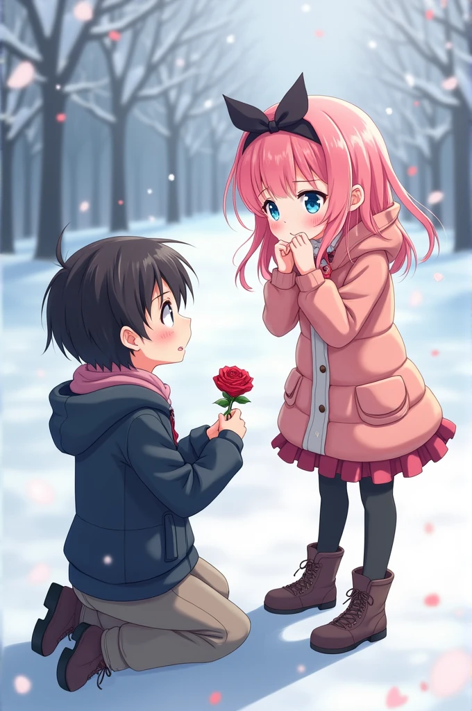 Normal colored anime boy, offering a rose, On knees, to a cute anime girl, flushed, surprised, with hands in mouth, loose pink hair, with black bow, blue eyes, in winter