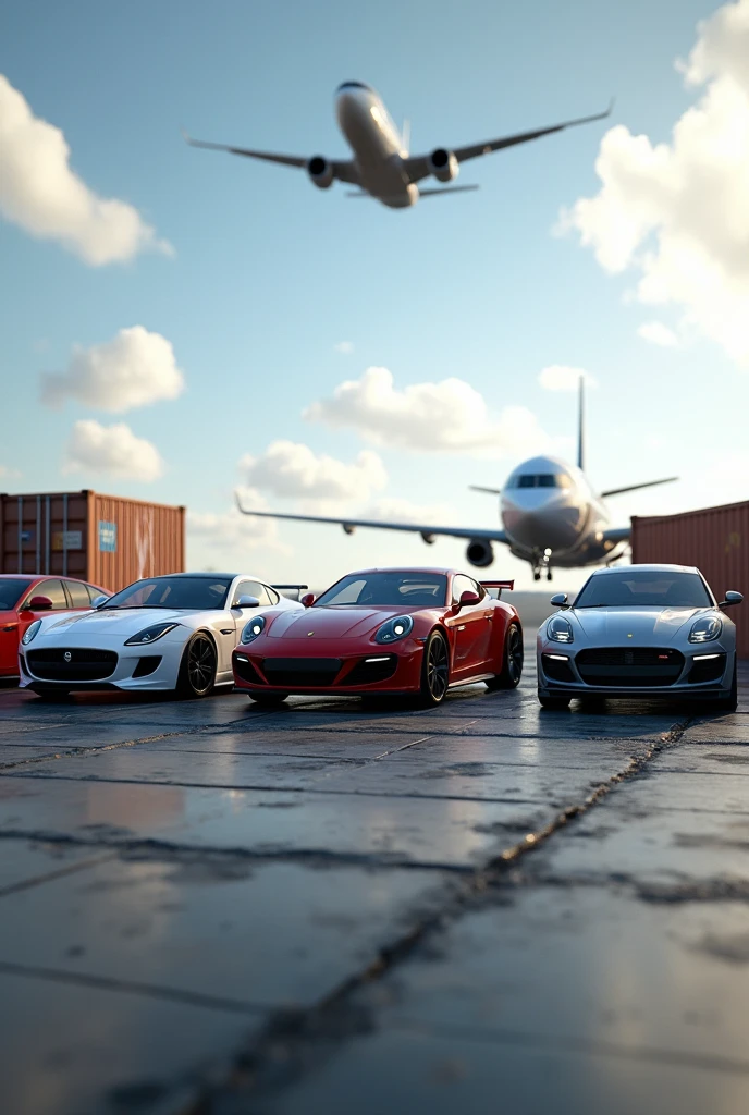 Hyper realistic image of five vehicles parked side by side zoomed out ground level, cargo shipment behind them and a plane flying overhead