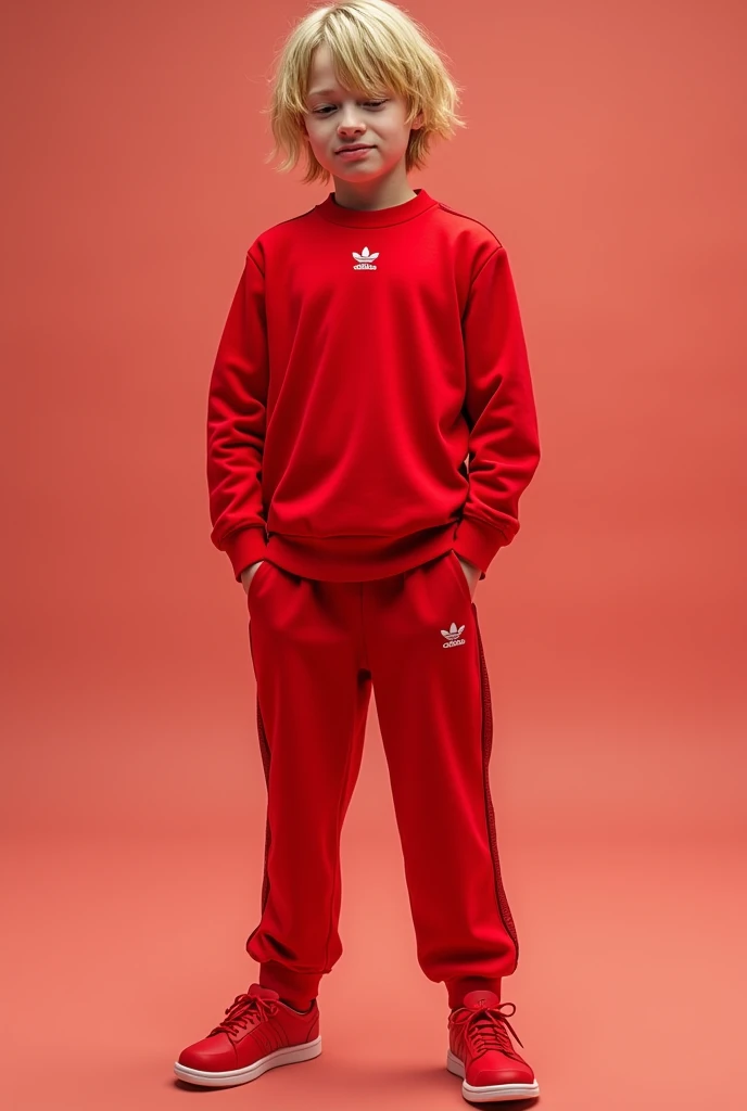 Red pants adidas, red shirt, red shoes, blonde hair, embrassing face