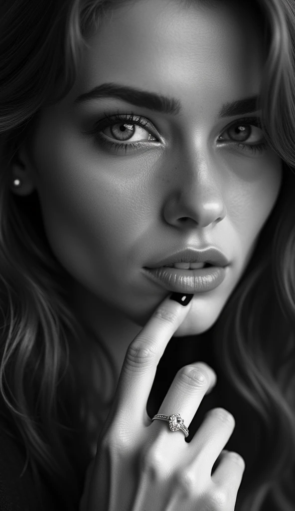 Arafed black and white photo of a woman with a ring on her finger ...