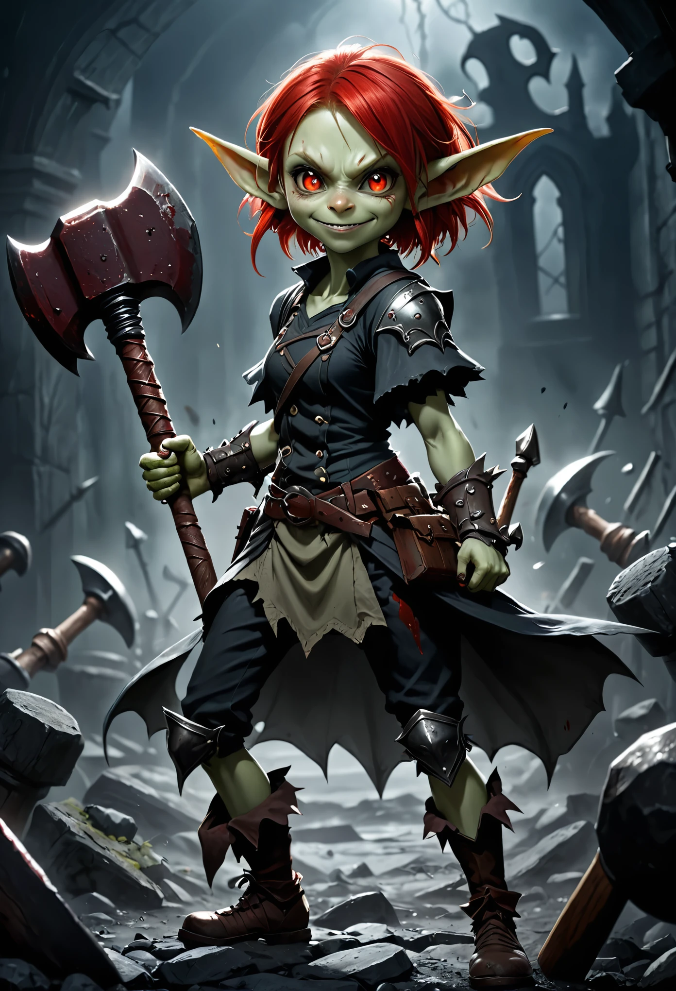 Realistic anime character, cute goblin female, redhead, red eyes, full body portrait, holding a big hammer, little smile, in battle, dynamic composition, intricate gloomy background, dark fantasy style, dark arts, depth of field, blood of the enemies 