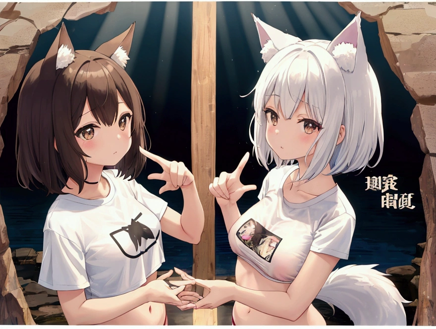Two Girls cute Background inside Sea (Two Girls Wolf ears Brown short hair String Bikini White shorthair Frilled bikini Clothing hoodie) Petite Normal chest Thin thighs first round