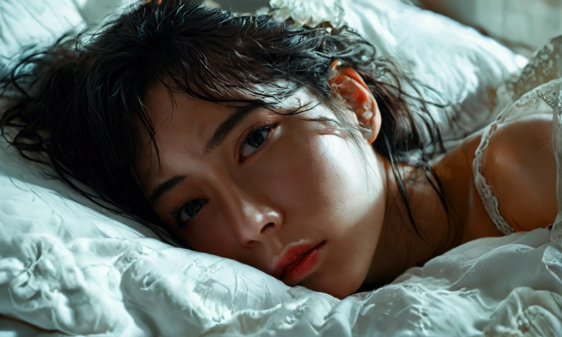 a woman with a man in bed,manga style art
