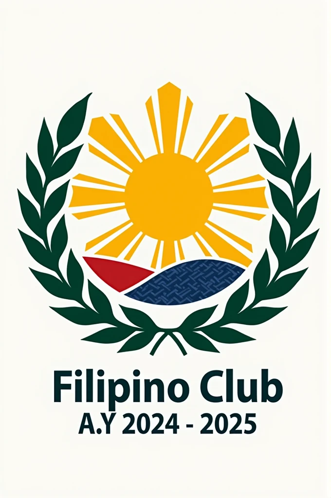 Design a logo for a Filipino club incorporating the following elements: A stylized sun with eight rays, representing the first provinces that revolted against Spanish rule. Use a bright yellow with clean, geometric lines for the sun. Surround the sun with a laurel wreath in deep green, symbolizing honor. Integrate subtle woven patterns or textures in the background using shades of blue and red. Incorporate yellow, blue, red, and white to reflect the colors of the Philippine flag. Include the club’s name Filipino Club A.Y 2024 - 2025 beneath or around the sun in a modern, clean font. Use deep blue or dark red for the text to ensure it stands out against the vibrant background.