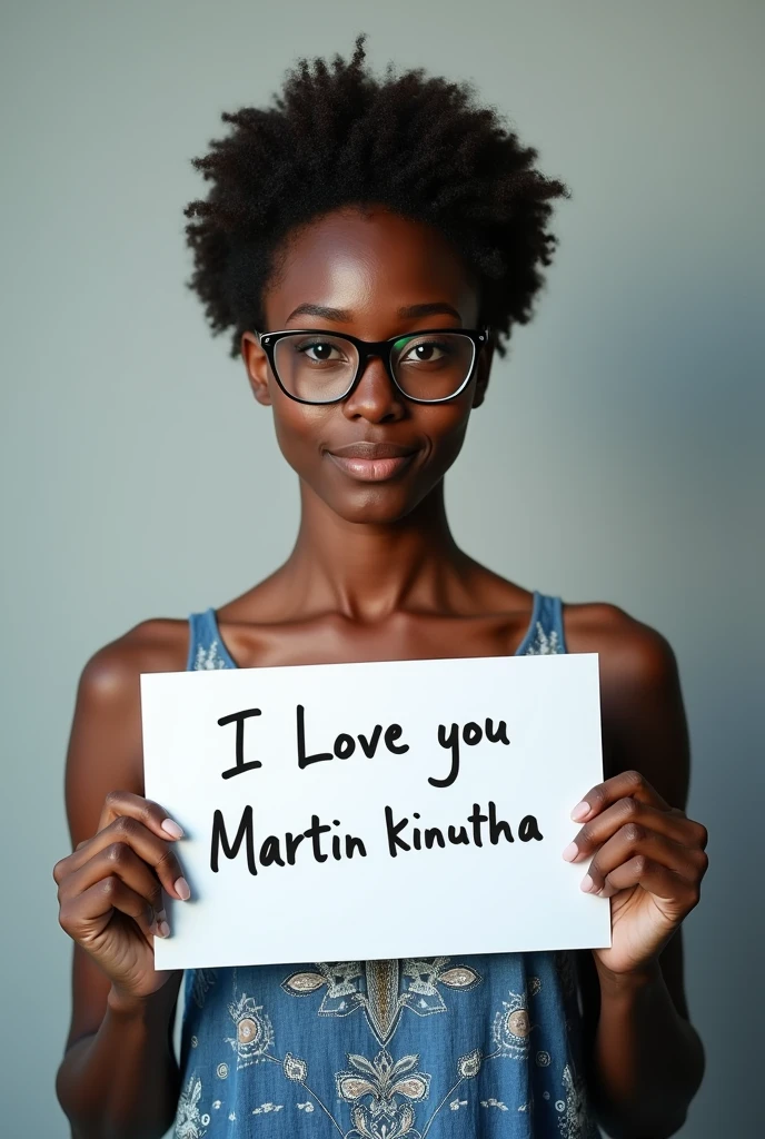 Beautifu blackl girl with short hair, wearing blue glasses bohemian dress, holding a white board with text "I Love you Martin kinuthia" and showing it to the viewer