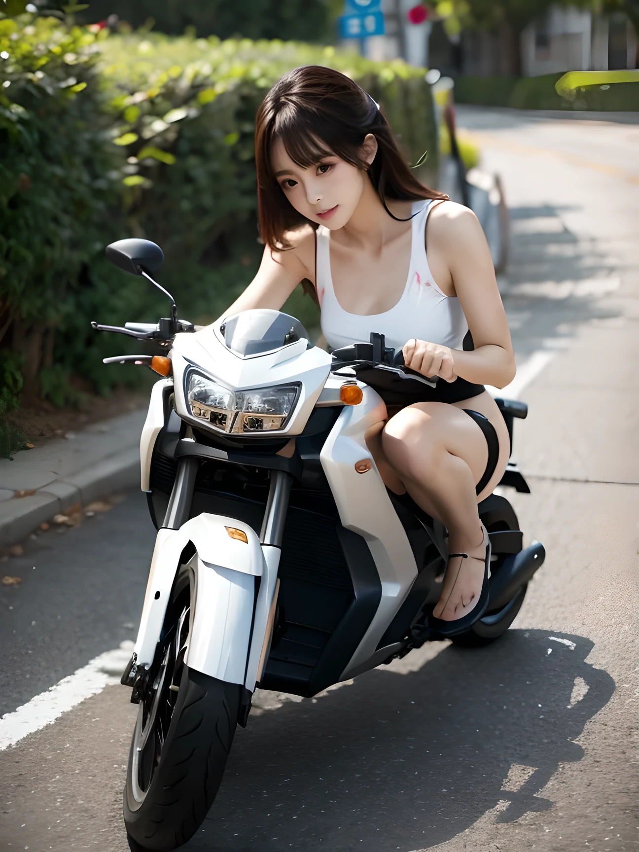 bangs, High resolution, ((pale colour)), a woman in Bikini bending down to check her tire on a motorcycle, ground vehicle, motorcycle, motor vehicle, swimsuit, IS, Bikini, 1girl