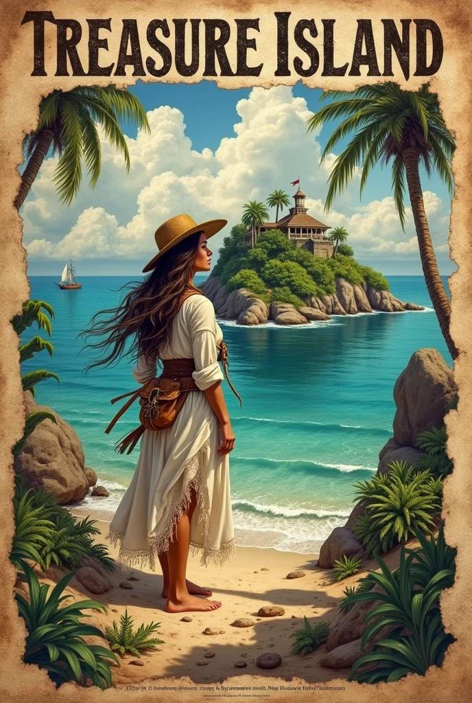 The expedition recruitment poster"Treasure Island Exploration" "Recruiting members"it is written like this, (Super detailed alcohol ink painting of a gorgeous treasure island and female explorer:1.2), Made from a patchwork of vintage script paper、Stress-free mixed media masterpieces, Ephemera, Torn cardboard, Vintage newspaper, Vintage Sheet Music, Something like a sticker, Made with paper frills and life-size delicate lace, In the style of [Junk Journal, Double exposure, Same size as the main unit, Greg Simkins, Mark Davis, Oliver Jeffers, Andy Kehoe], Cinematic, wonderful, Very detailed, 8k, The fog cleared