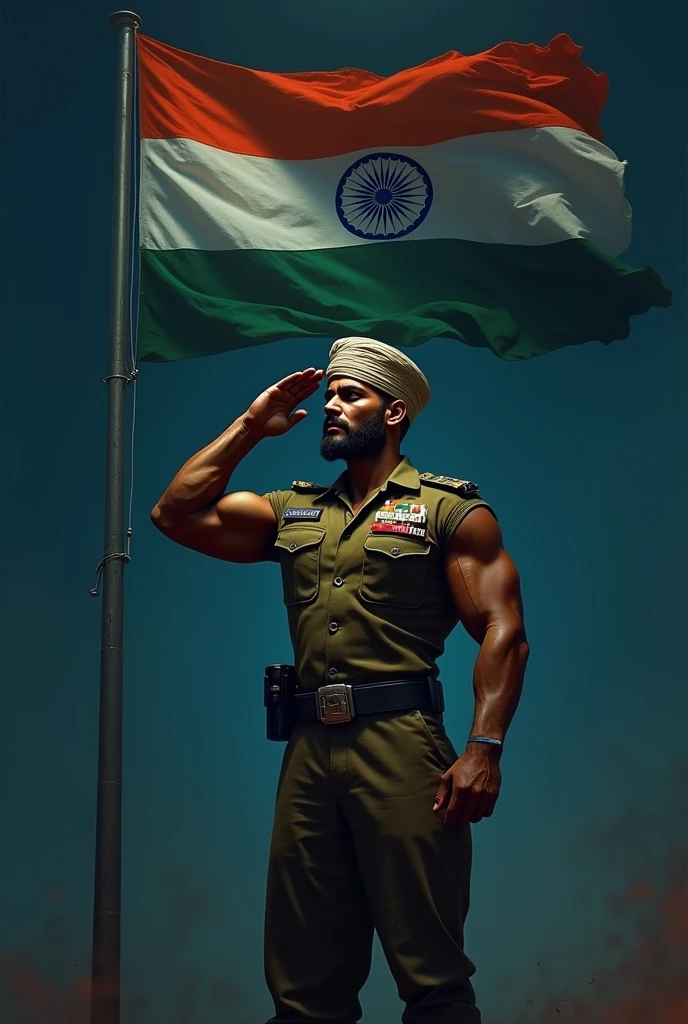 Muslim with wearing muslim cap, Bodybuilder salute to National Indian national Flag At Dark Night Artwork wearing Indian army uniform