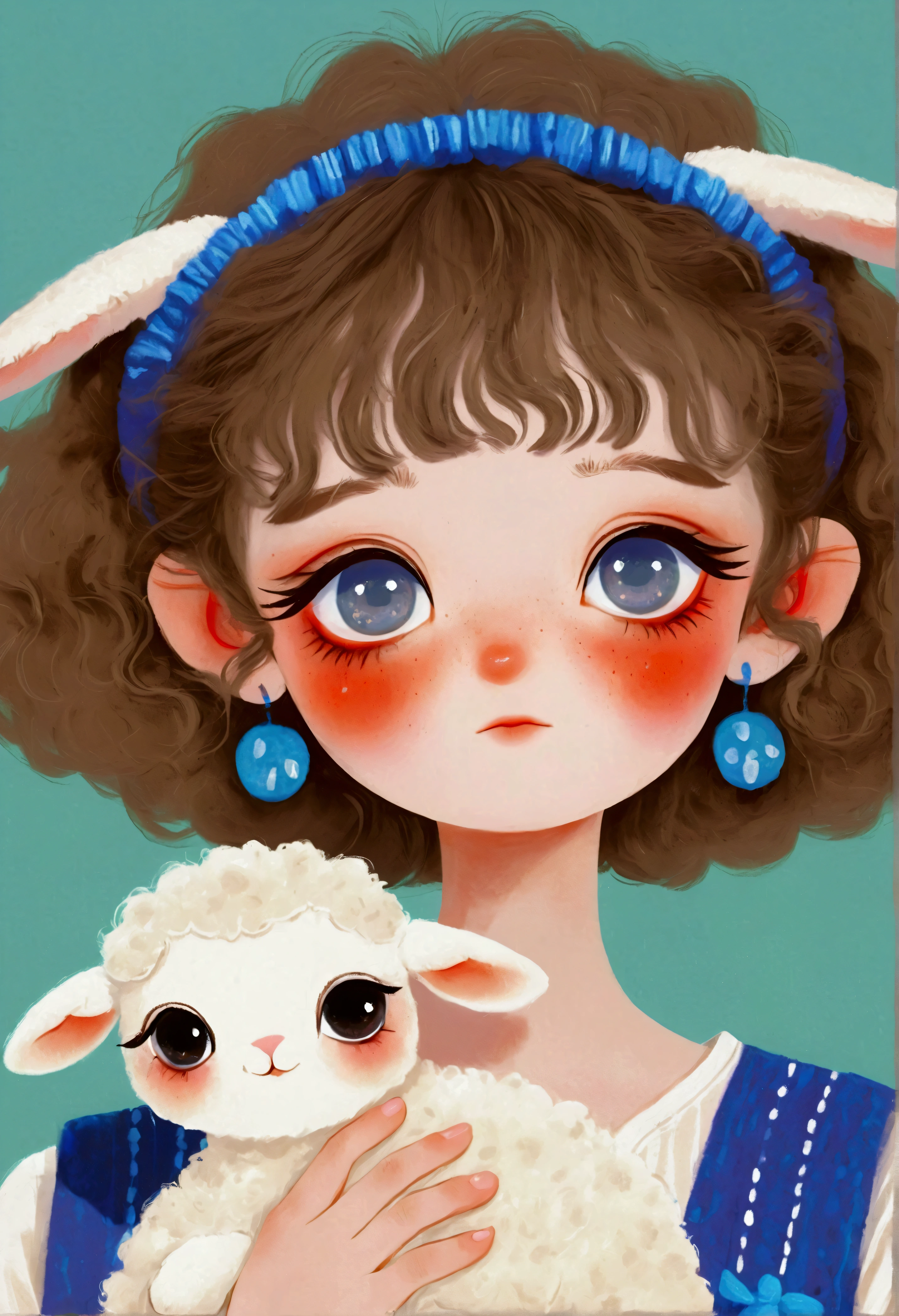 Cute lamb girl in blue dress，Big blue eyes。Bangs，Fine and fluffy hair，Lovely art style,  Lovely and detailed digital art, Cute numbers艺术, Lovely artwork, Kawaii realistic portrait, Change, Cute numbers, Lovely portrait, Kasuga, Lovely characters, Cute, colorful and adorable