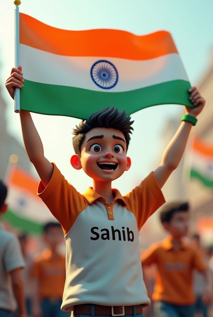 There should be a 3D image and the background should be of 15 August and there should be a 19 year old boy, it should be written on his shirt 'Sahib' and he should be holding a flag and in the background write 'independence day'