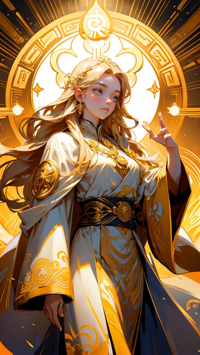Create a majestic scene featuring a mystical figure surrounded by golden cryptocurrency symbols, all arranged in an intricate, circular pattern. Replace the original character, a bearded man with a serene expression and flowing robes, with a beautiful, cute girl who exudes the same divine and enlightened aura. The girl should be dressed in golden robes, adorned with jewelry, and hold the same meditative hand gestures, symbolizing balance and control over the floating cryptocurrency symbols around her. Maintain the ornate background design, including the radiant halo and celestial elements, to preserve the ethereal and powerful atmosphere of the original image