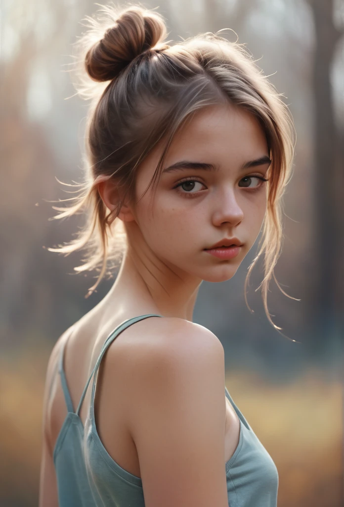 (Cinematic photo: 1.3) From (really: 1.3), (comfortable: 1.3) Beautiful 18 year old girl, (difficult messy bun of light brown hair), высокодеталFromированная текстура кожи, skinny shoulders, realistic texture кожи, looks straight into the camera, (looks at the viewer), pout, pastel, Shine, Dramatic, Dreamy, pastelный цветочный сад, Thin, skinny, gentle, Высокая деталFromация, difficult, digital painting, Fantasy theme,skinny , bare belly, Fantasy concept art , Fantasy Characters, Beautiful teenage girl, Perfect body, highly detailed full-length shot, Dreamy, pastel, watercolor, strange, gentle, highly detailed texture, realistic texture, digital painting, высокодеталFromированная фотография (art deco: 1.3), (ФотореалFromм: 1.3), (Классический реалFromм: 1.3), (Fujifilm Superia: 1.3), Natural, golden hour light