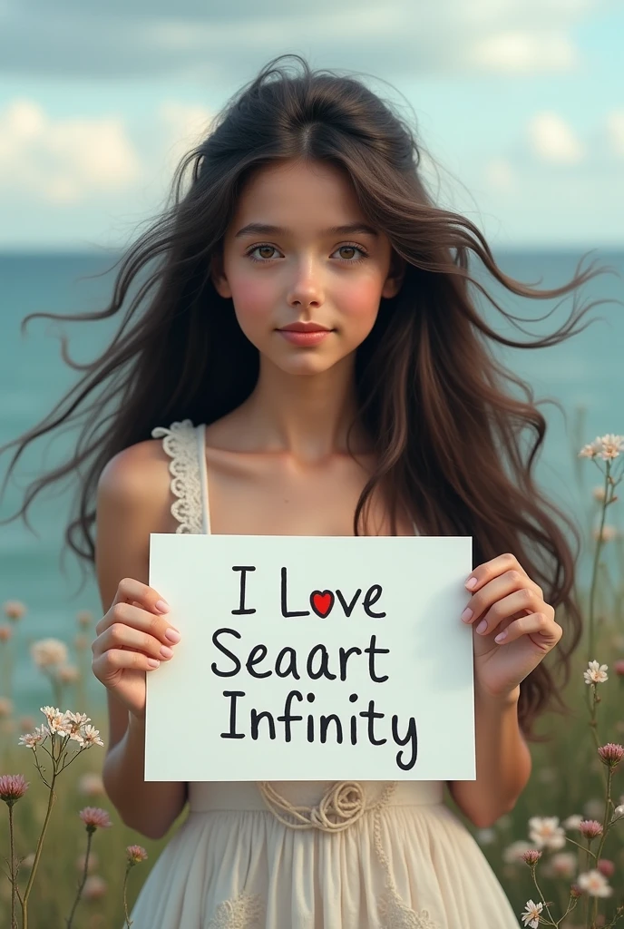 Beautiful girl with wavy long hair, bohemian dress, holding a white board with text "I Love Seaart Infinity" and showing it to the viewer