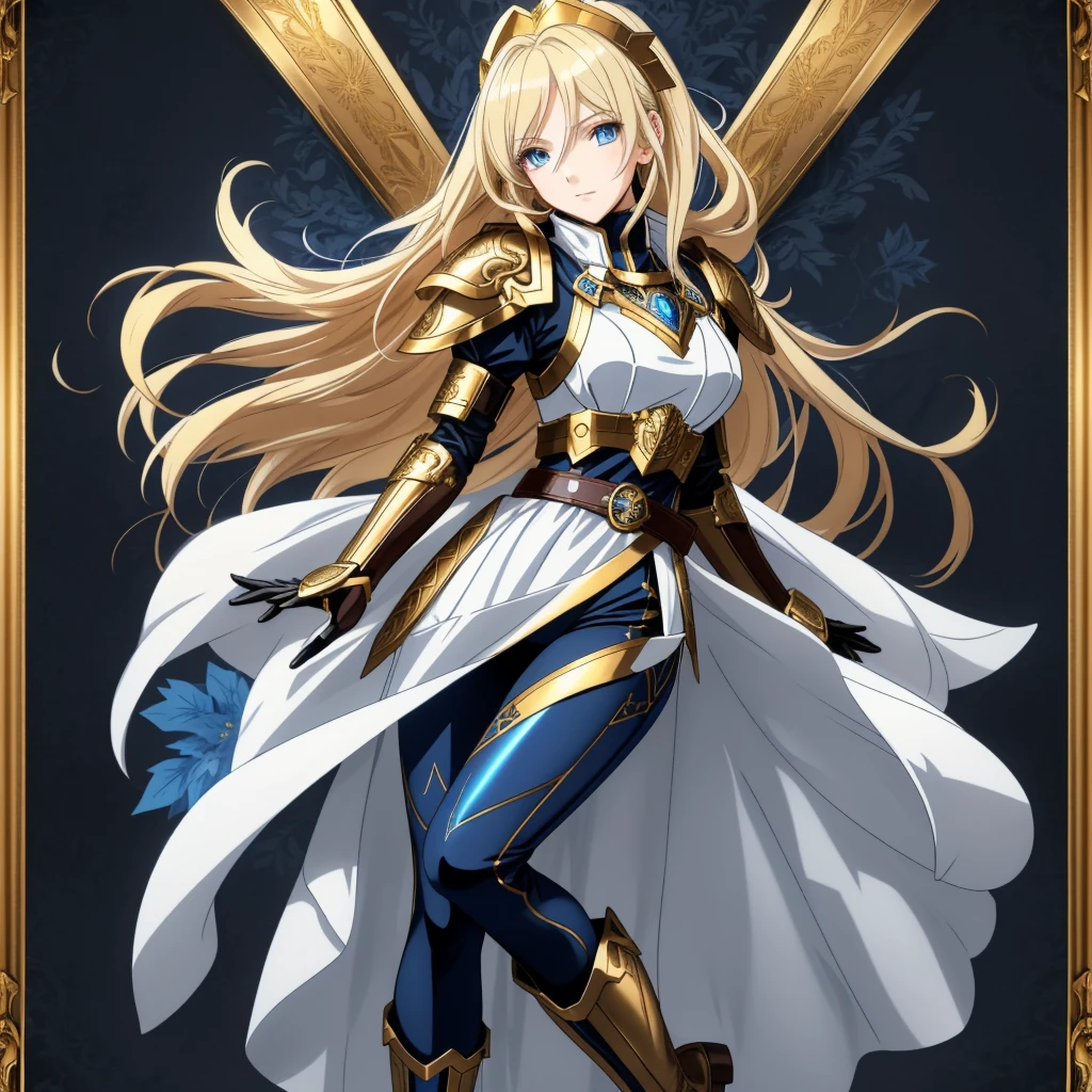 A full-body portrait of a young woman in anime style, with long, light blonde hair, framed by a white mantle adorned with golden details. She has intense blue eyes and wears a form-fitting blue armor with intricate engravings of leaves and flowers, and golden metal pieces covering her shoulders and arms. A dark brown leather belt with metallic buckles secures her armor at the waist. She wears brown leather boots, standing in a dynamic action pose. A cross-shaped pendant adorns her chest. The background features a blue sky with fluffy clouds, highlighting her majestic and noble appearance, visible from head to toe, wear tight pants