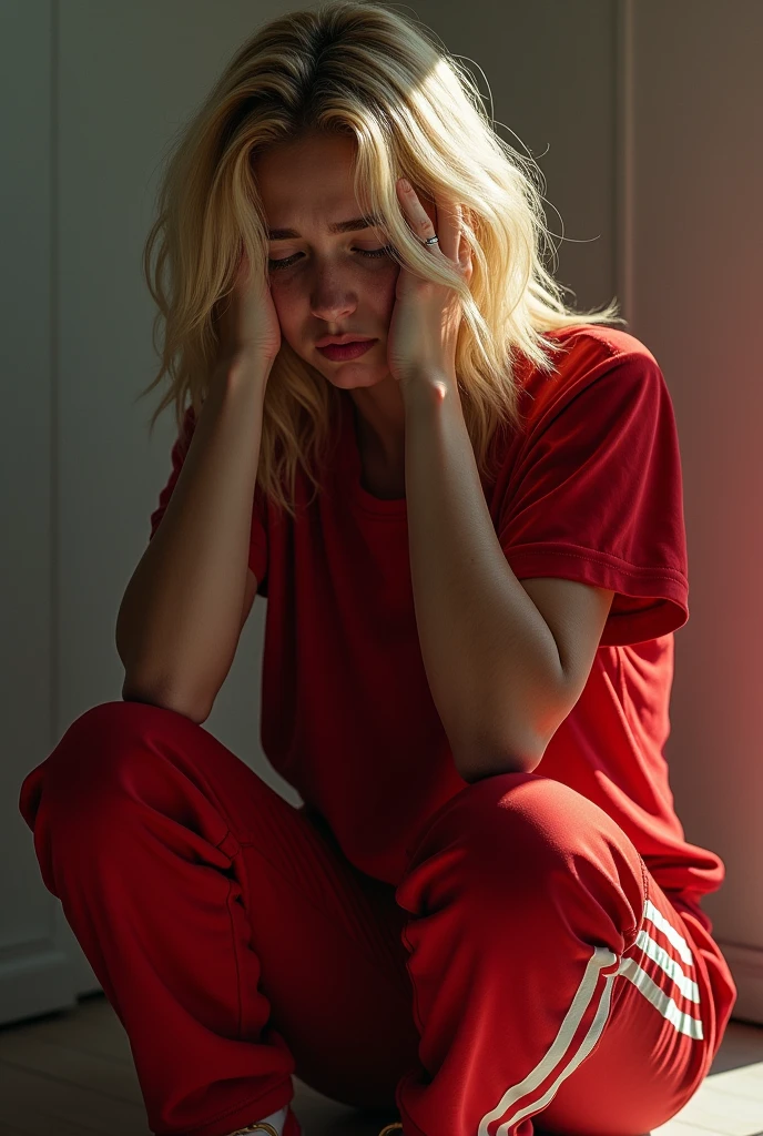 Red pants adidas, red shirt, red shoes, blonde hair, cute pretty crying women 